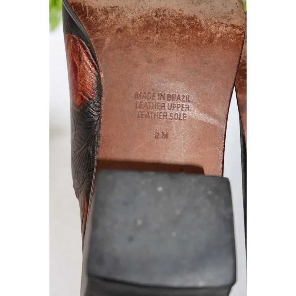 Vintage Floral Tooled Leather Mules Women 8 Handmade Brazil - Picture 9 of 10
